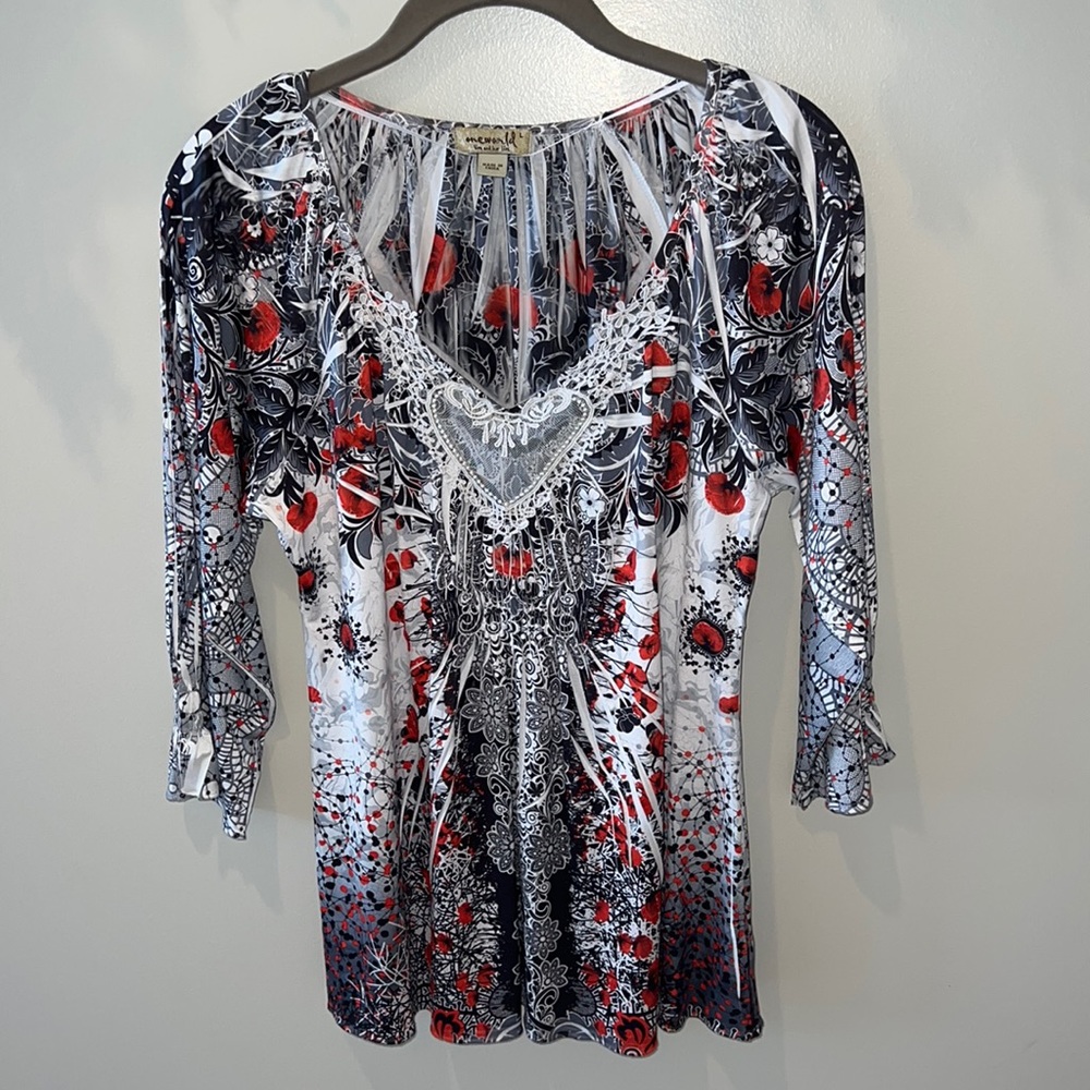 One World Quarter Length Sleeve Black, White & Red Blouse, Size: Large